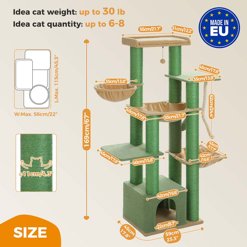 Large Cat Tree with Three Hammocks – Green — detail 6