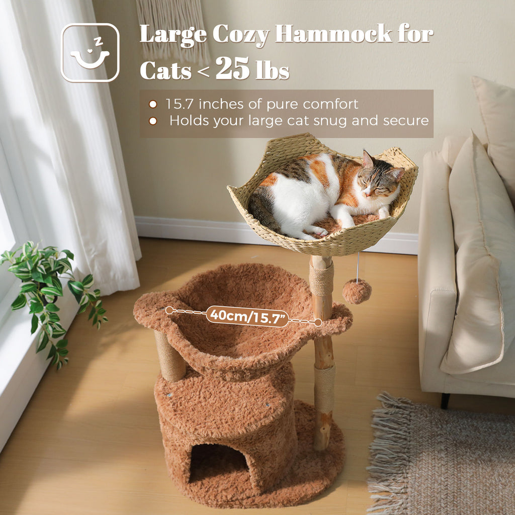 Wood Cat Tree with Woven Basket and Condo – Brown — product view