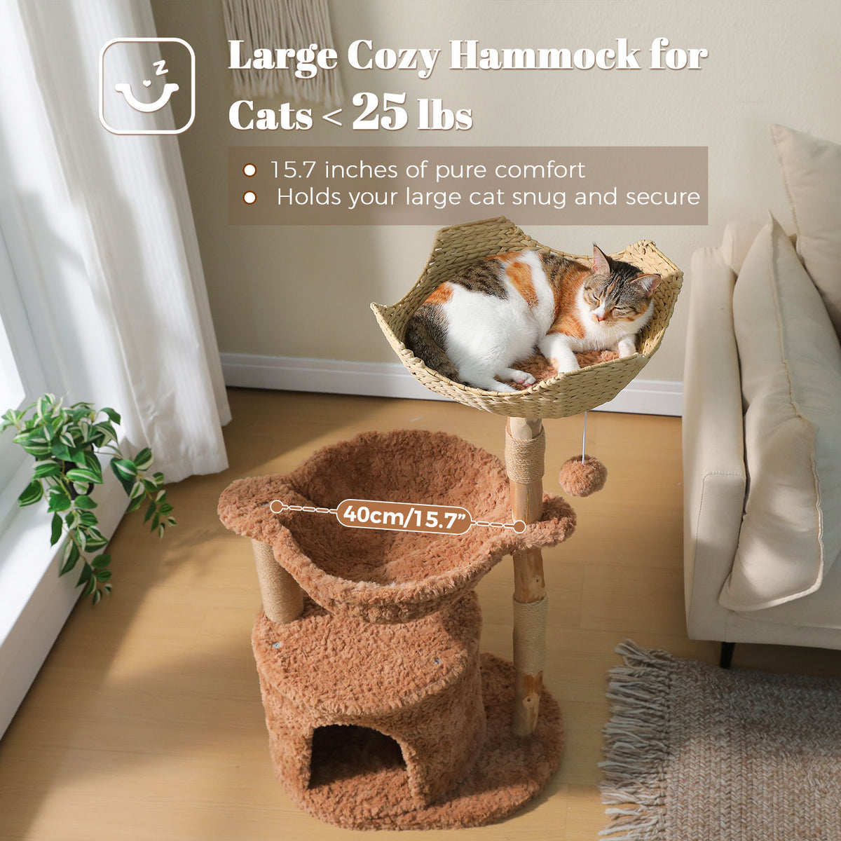 Wood Cat Tree with Woven Basket and Condo – Brown — product view