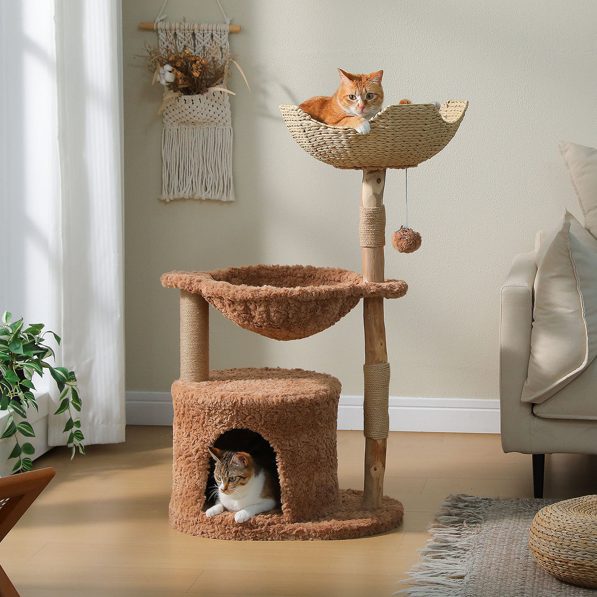 Wood Cat Tree with Woven Basket and Condo – Brown — detail 2
