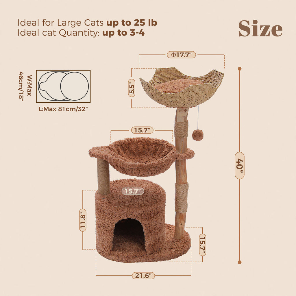 Wood Cat Tree with Woven Basket and Condo – Brown — detail 3