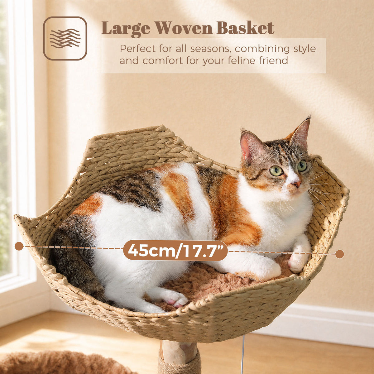 Wood Cat Tree with Woven Basket and Condo – Brown — detail 6
