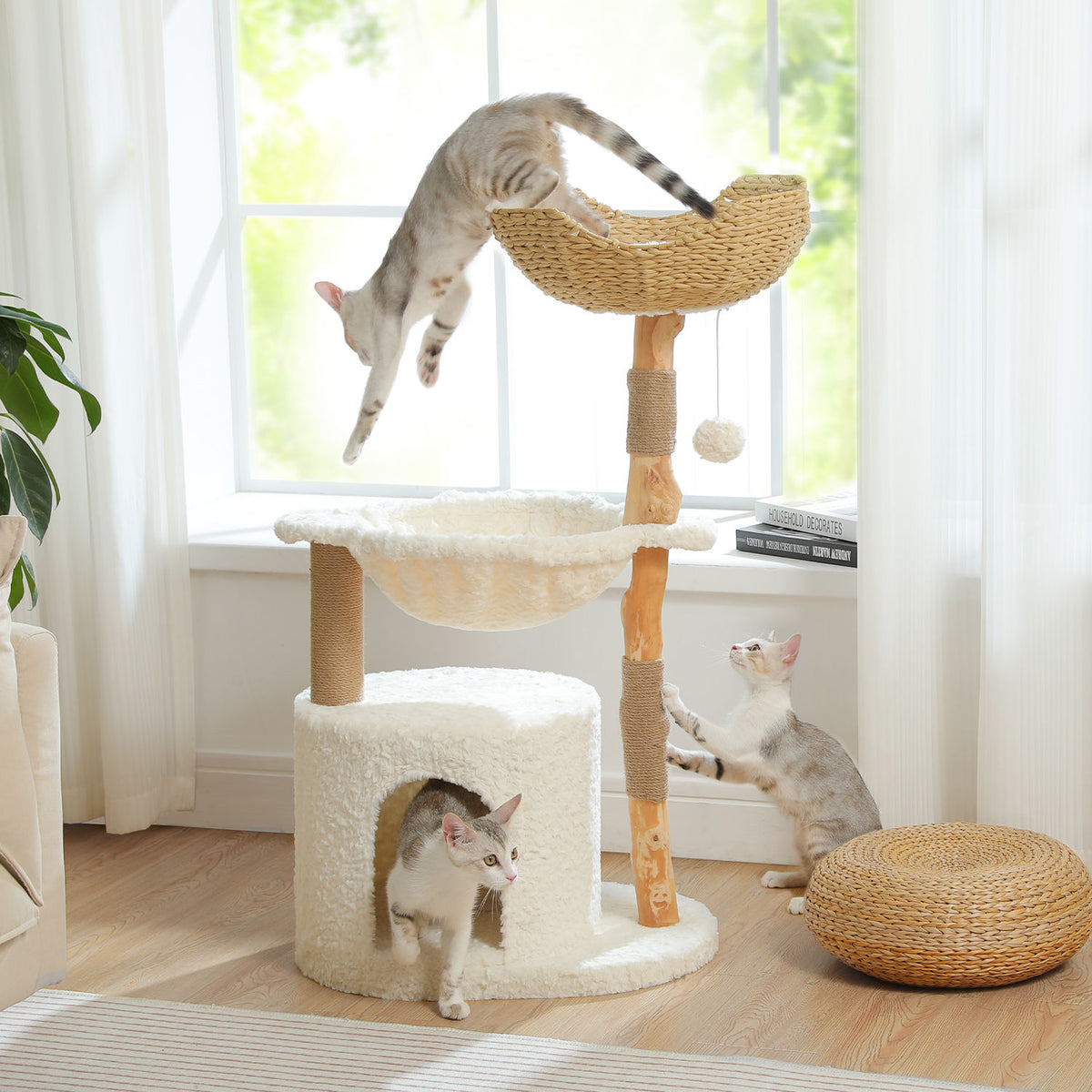 Wood Cat Tree with Woven Basket and Condo – White — product view