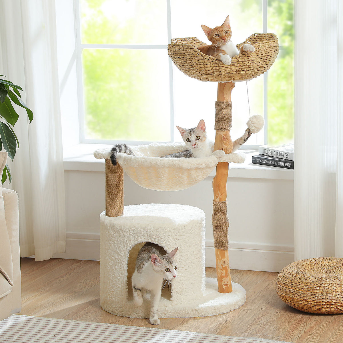 Wood Cat Tree with Woven Basket and Condo – White — detail 2