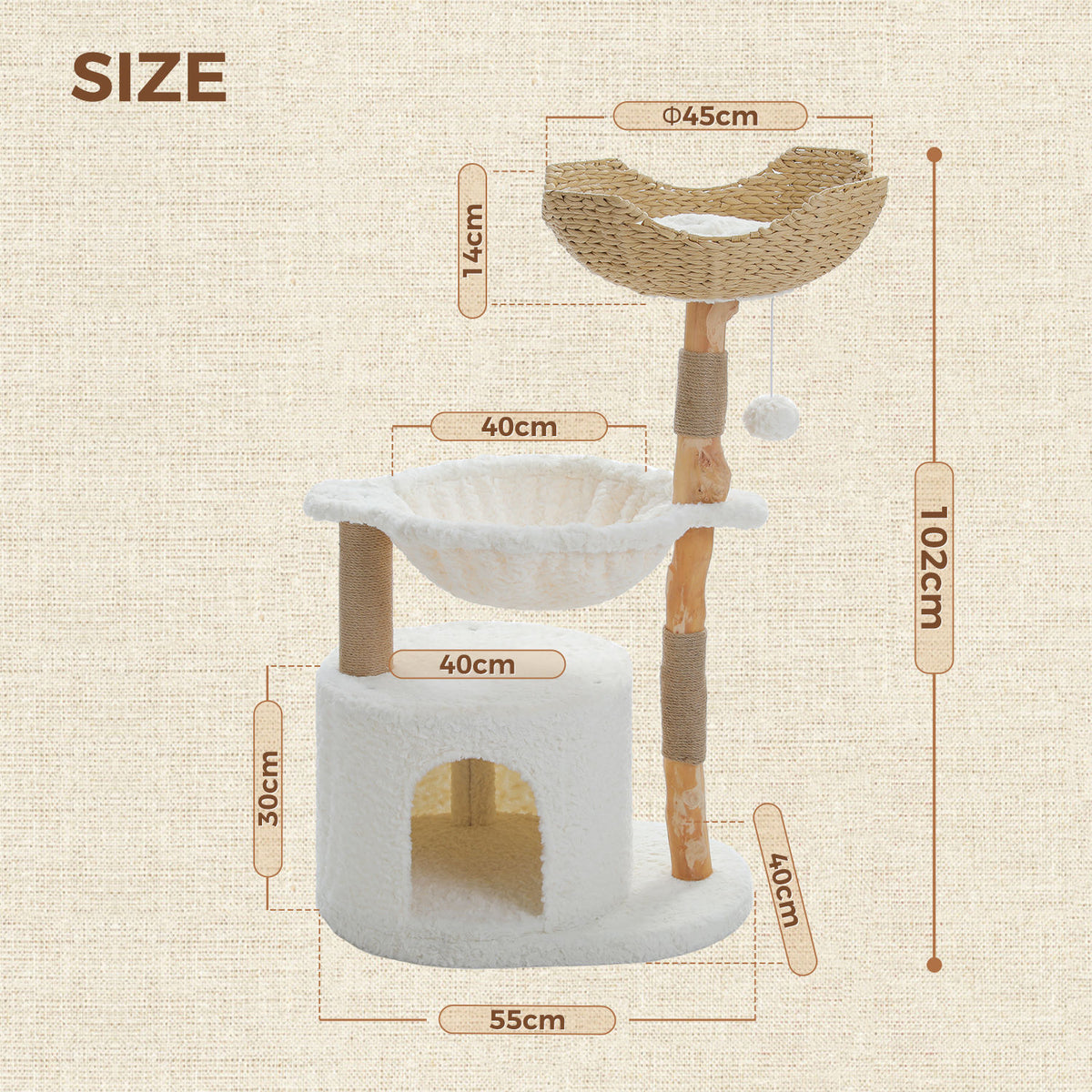 Wood Cat Tree with Woven Basket and Condo – White — detail 3