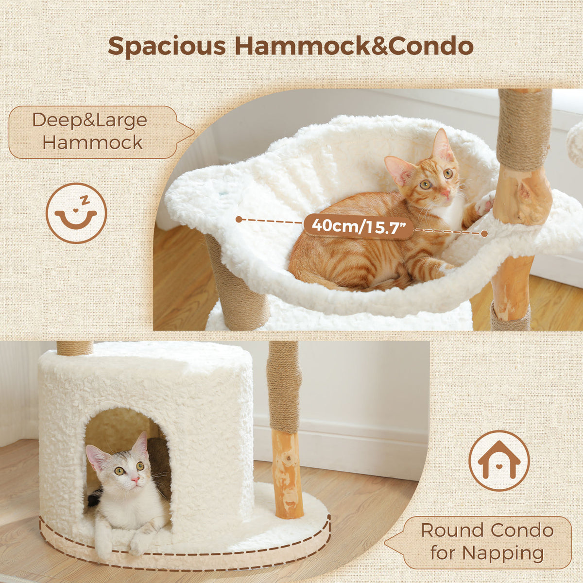 Wood Cat Tree with Woven Basket and Condo – White — detail 4