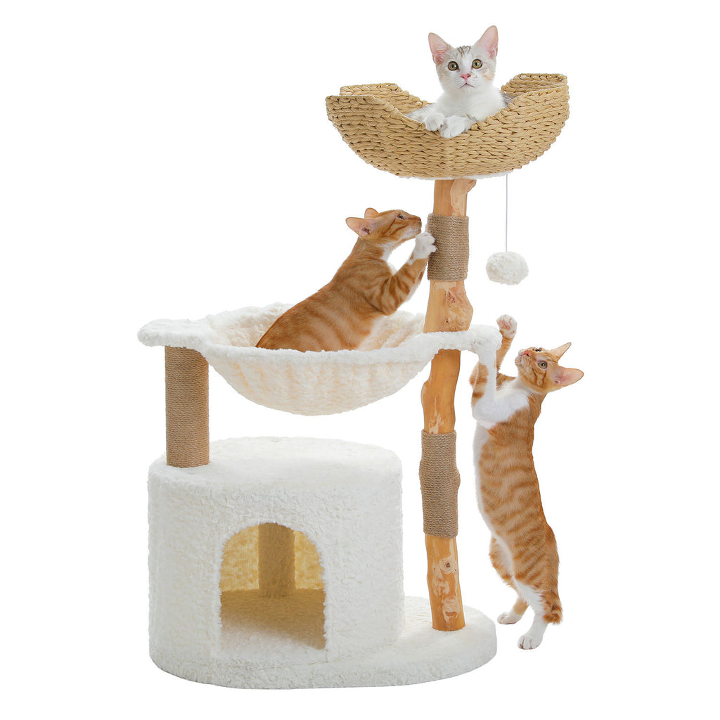 Wood Cat Tree with Woven Basket and Condo – White — detail 5