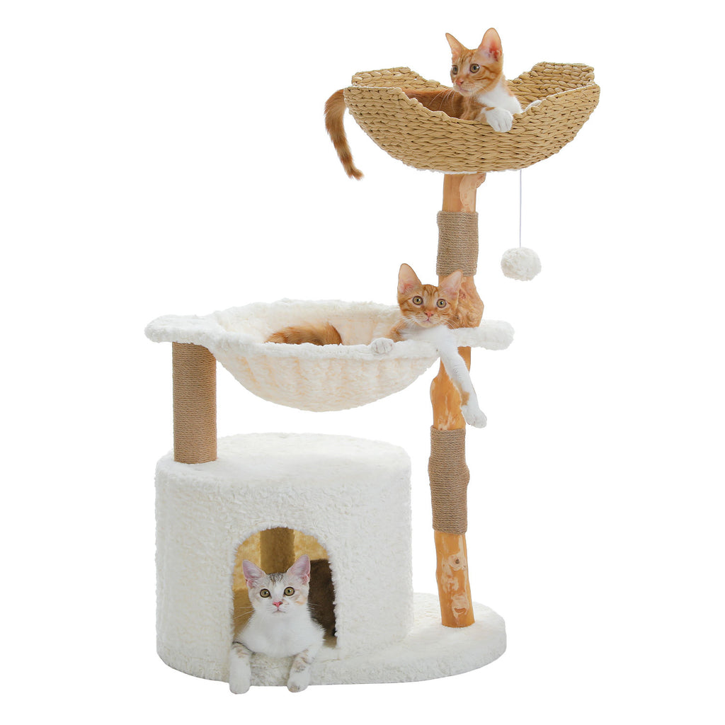 Wood Cat Tree with Woven Basket and Condo – White — detail 6