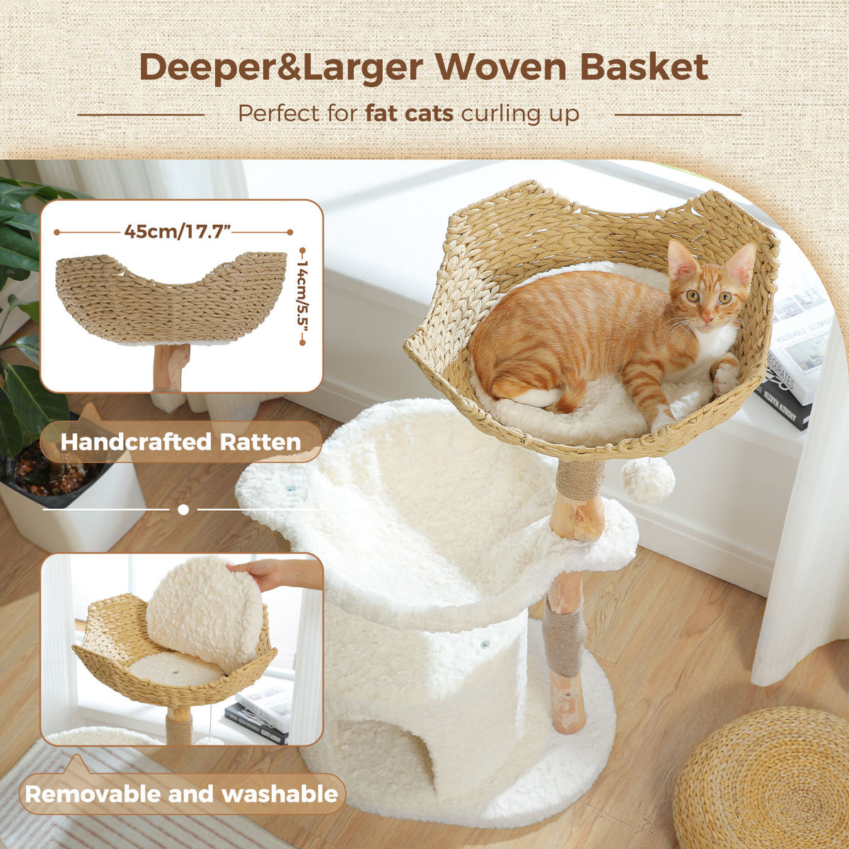 Wood Cat Tree with Woven Basket and Condo – White — detail 7