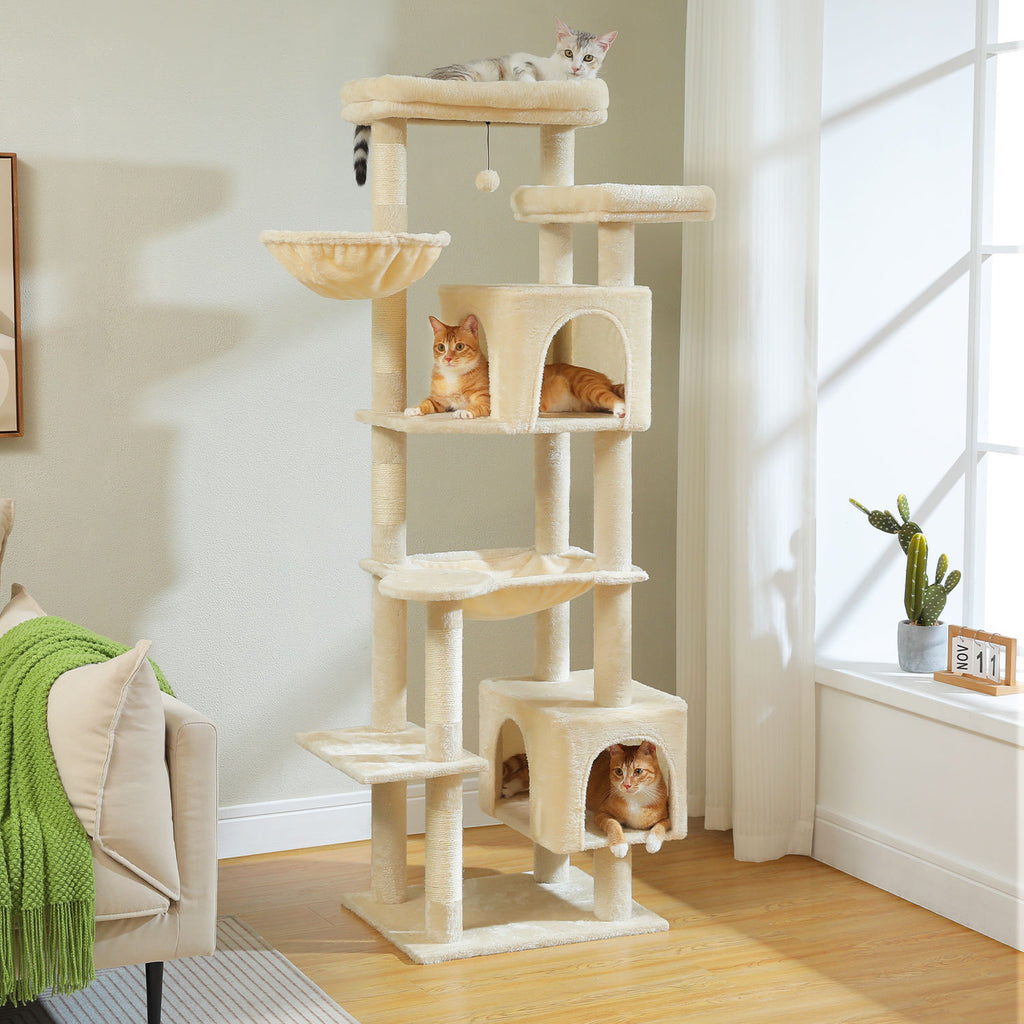 Tall Cat Tree with Dual Condos and Hammocks – Beige — product view