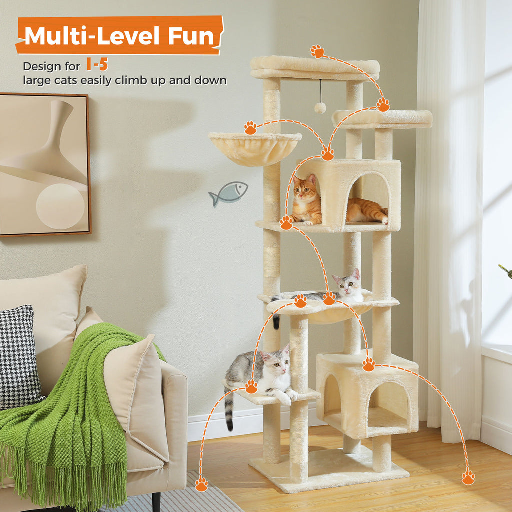 Tall Cat Tree with Dual Condos and Hammocks – Beige — detail 3