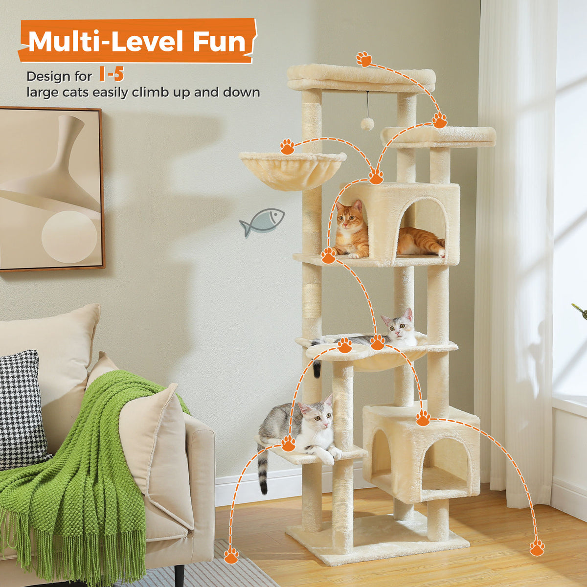 Tall Cat Tree with Dual Condos and Hammocks – Beige — detail 3