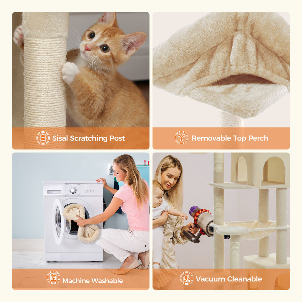 Tall Cat Tree with Dual Condos and Hammocks – Beige — detail 4