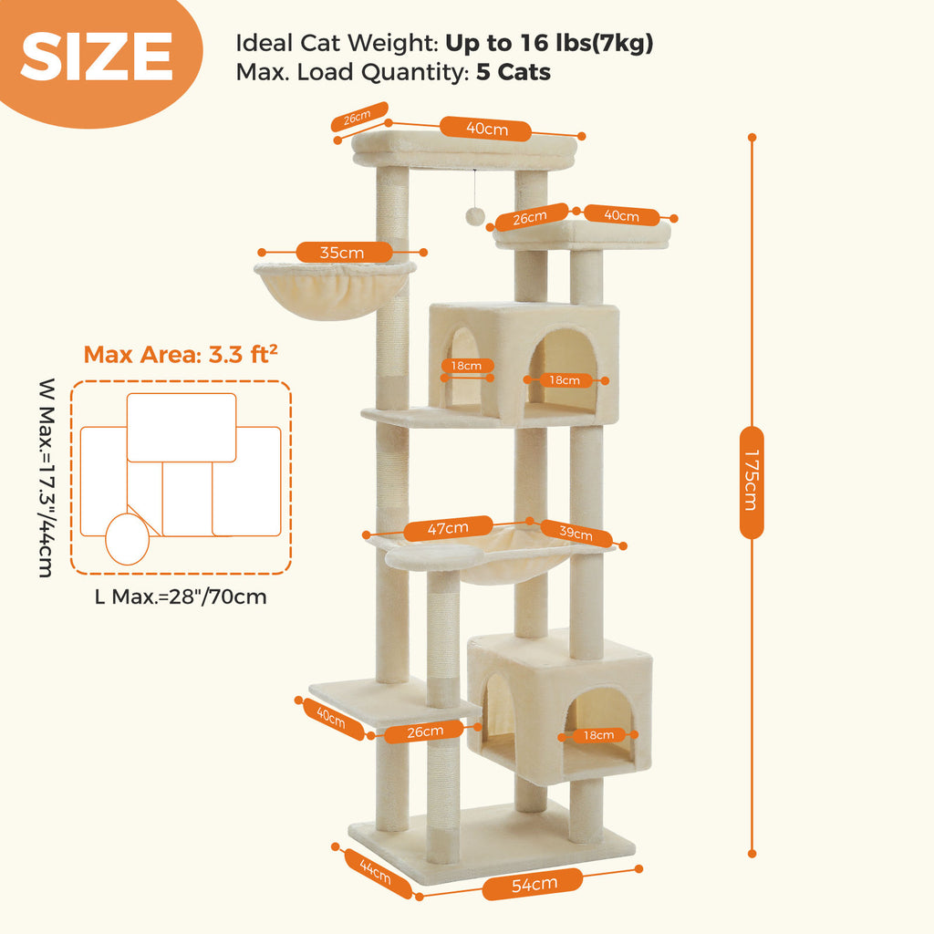 Tall Cat Tree with Dual Condos and Hammocks – Beige — detail 5