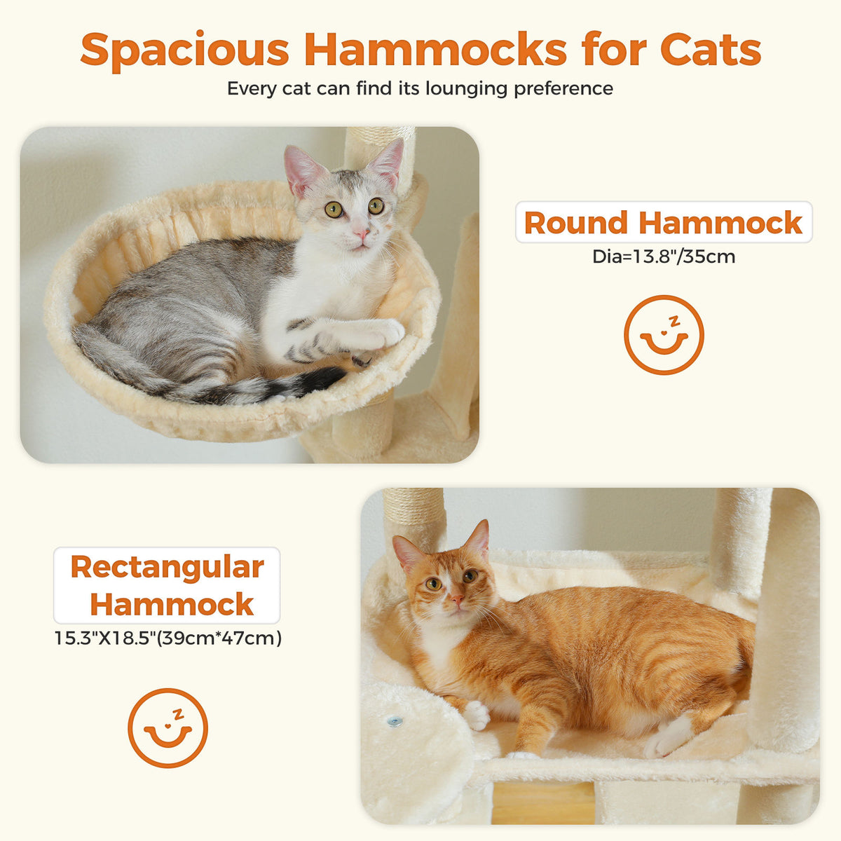 Tall Cat Tree with Dual Condos and Hammocks – Beige — detail 6