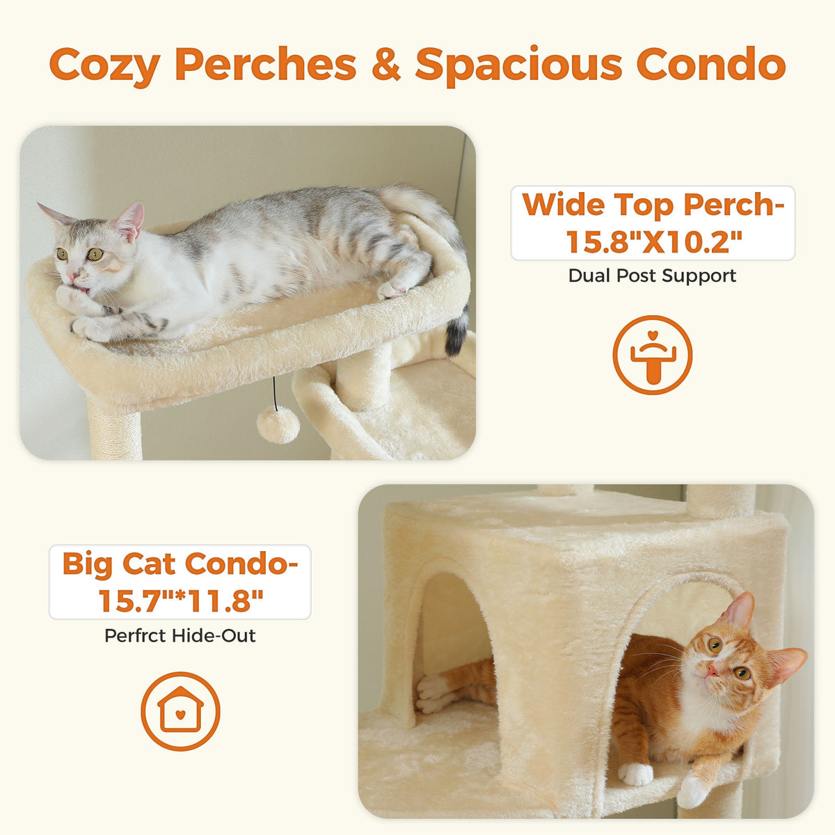 Tall Cat Tree with Dual Condos and Hammocks – Beige — detail 7