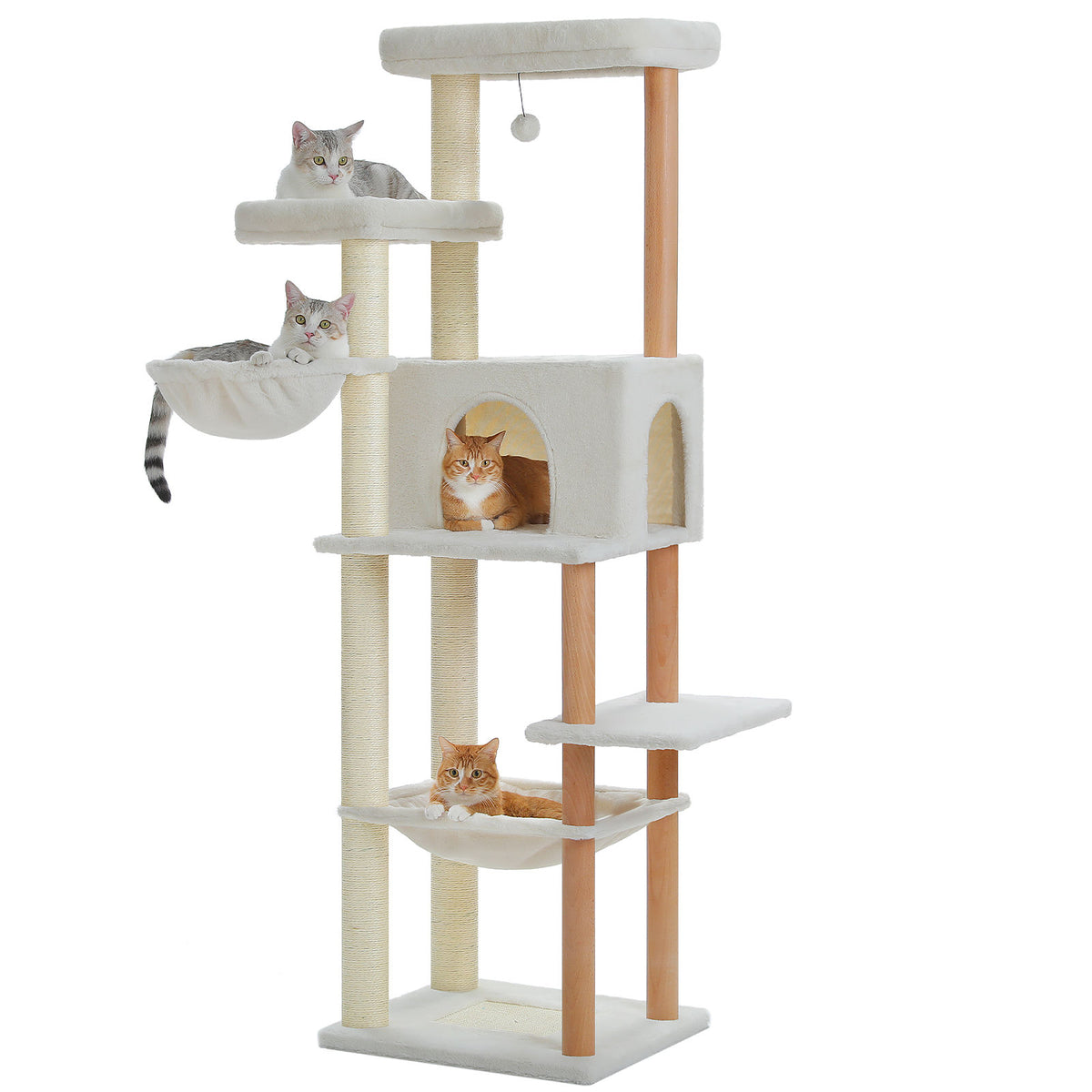 Wood Cat Tree with Dual Perches and Hammocks – Beige — detail 2