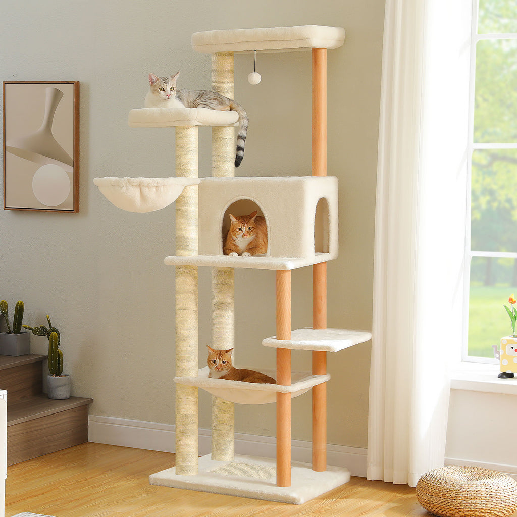 Wood Cat Tree with Dual Perches and Hammocks – Beige — detail 3