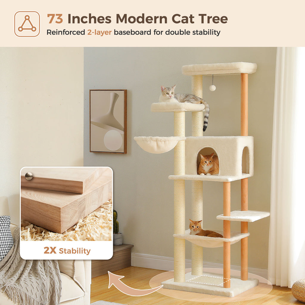 Wood Cat Tree with Dual Perches and Hammocks – Beige — detail 4
