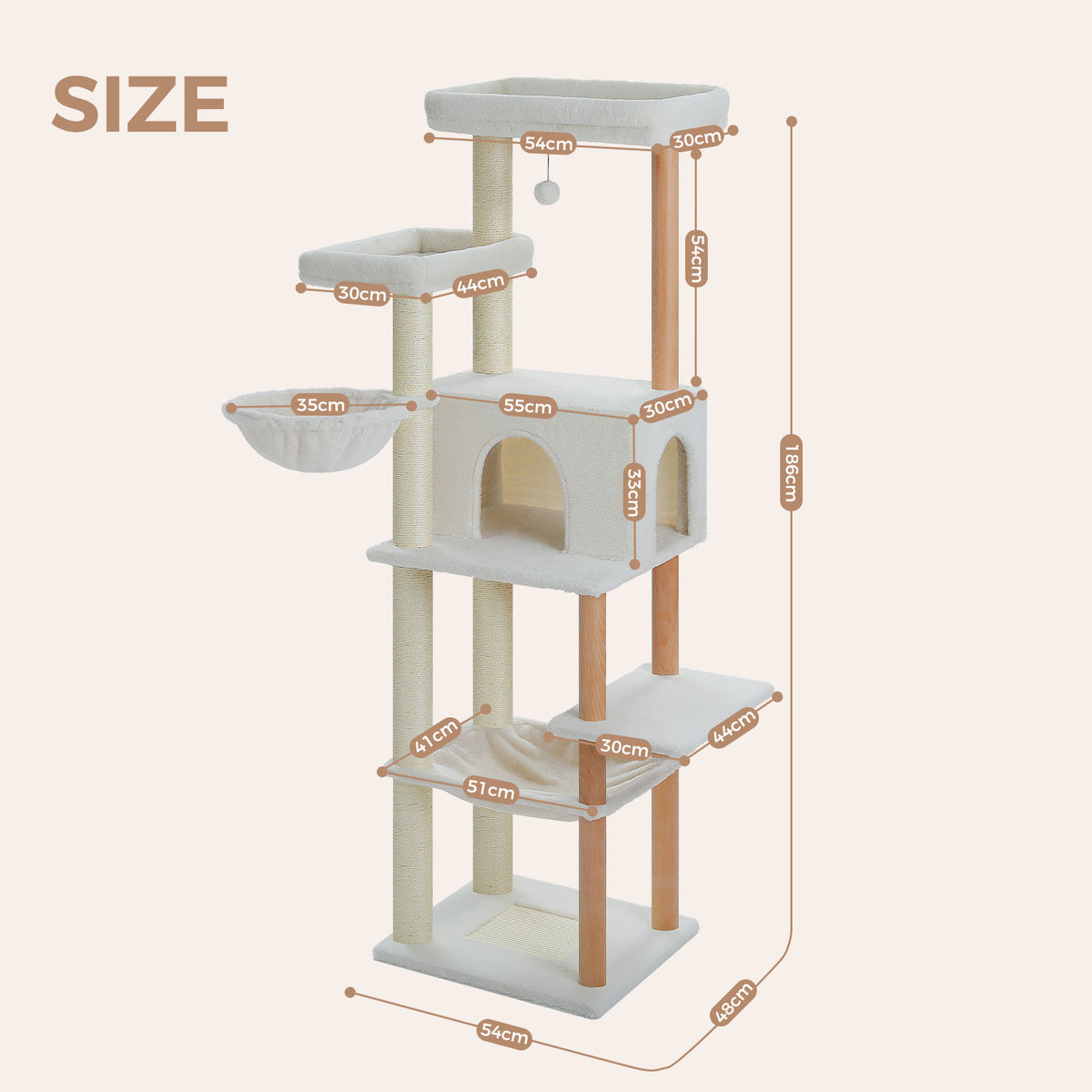 Wood Cat Tree with Dual Perches and Hammocks – Beige — detail 5