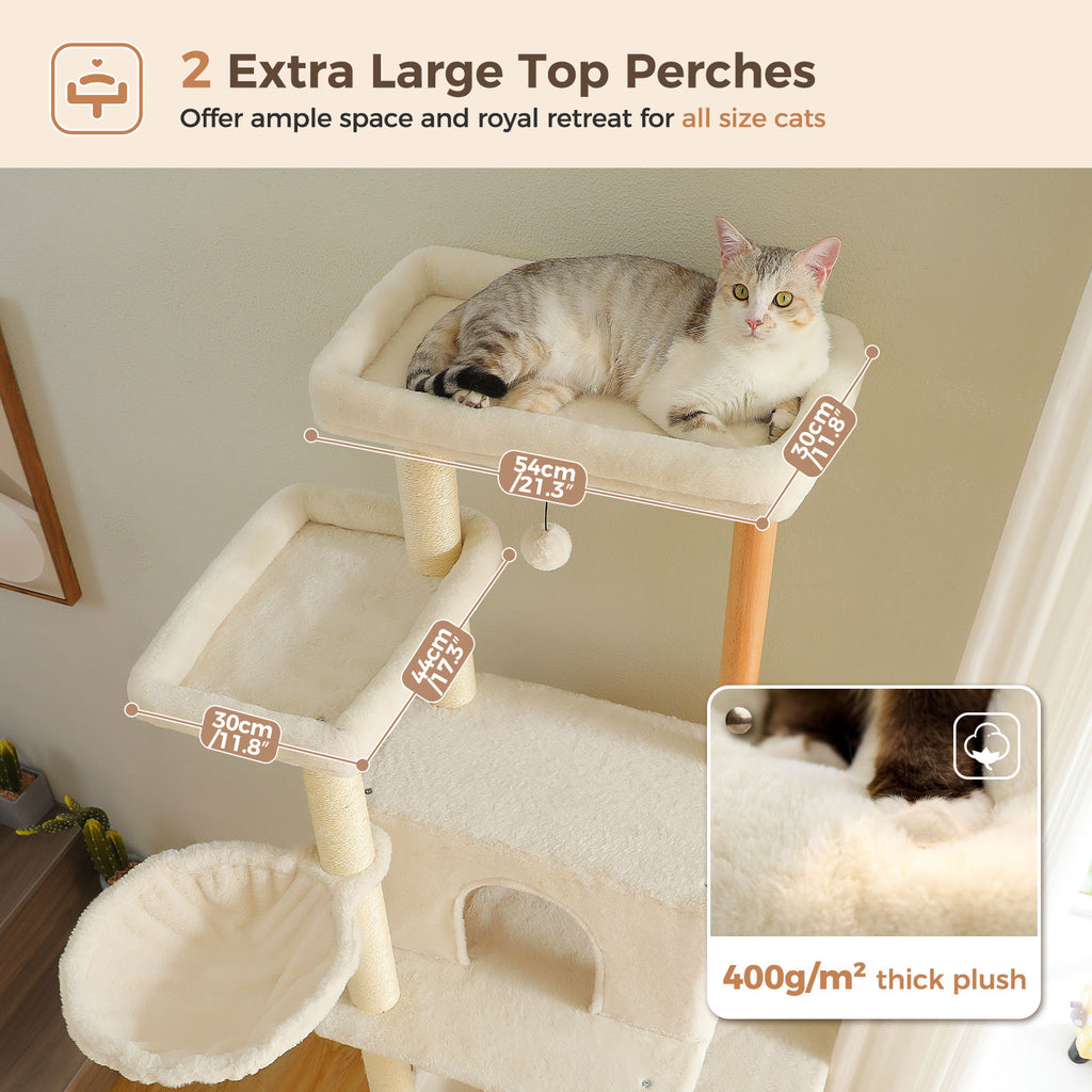 Wood Cat Tree with Dual Perches and Hammocks – Beige — detail 6