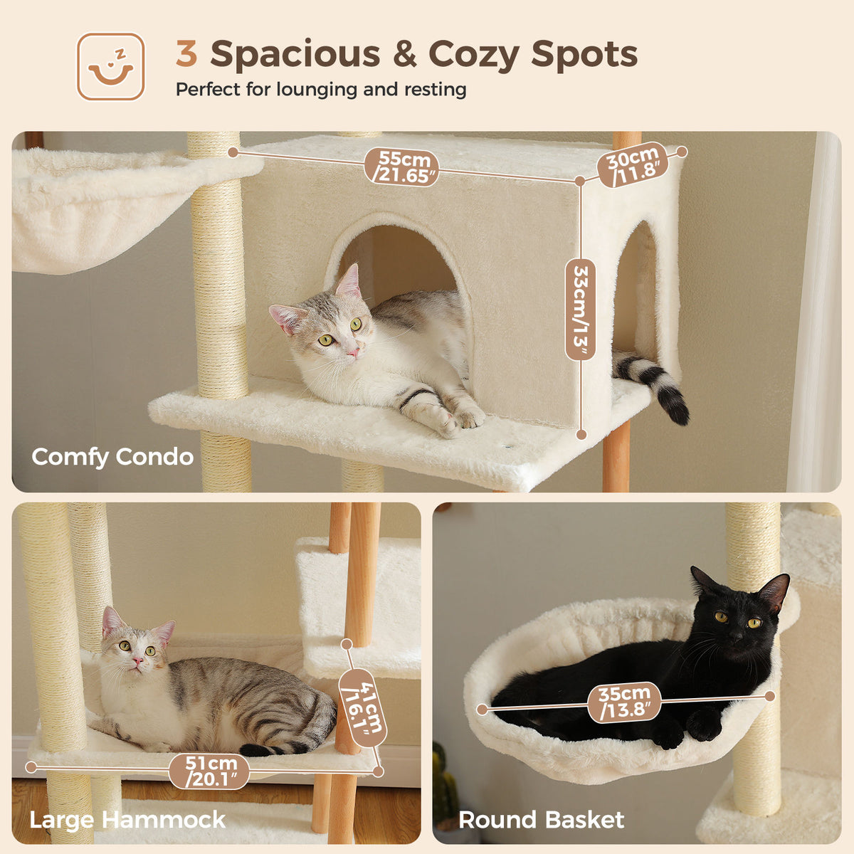 Wood Cat Tree with Dual Perches and Hammocks – Beige — detail 7