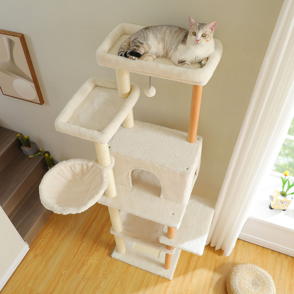Wood Cat Tree with Dual Perches and Hammocks – Beige — detail 8