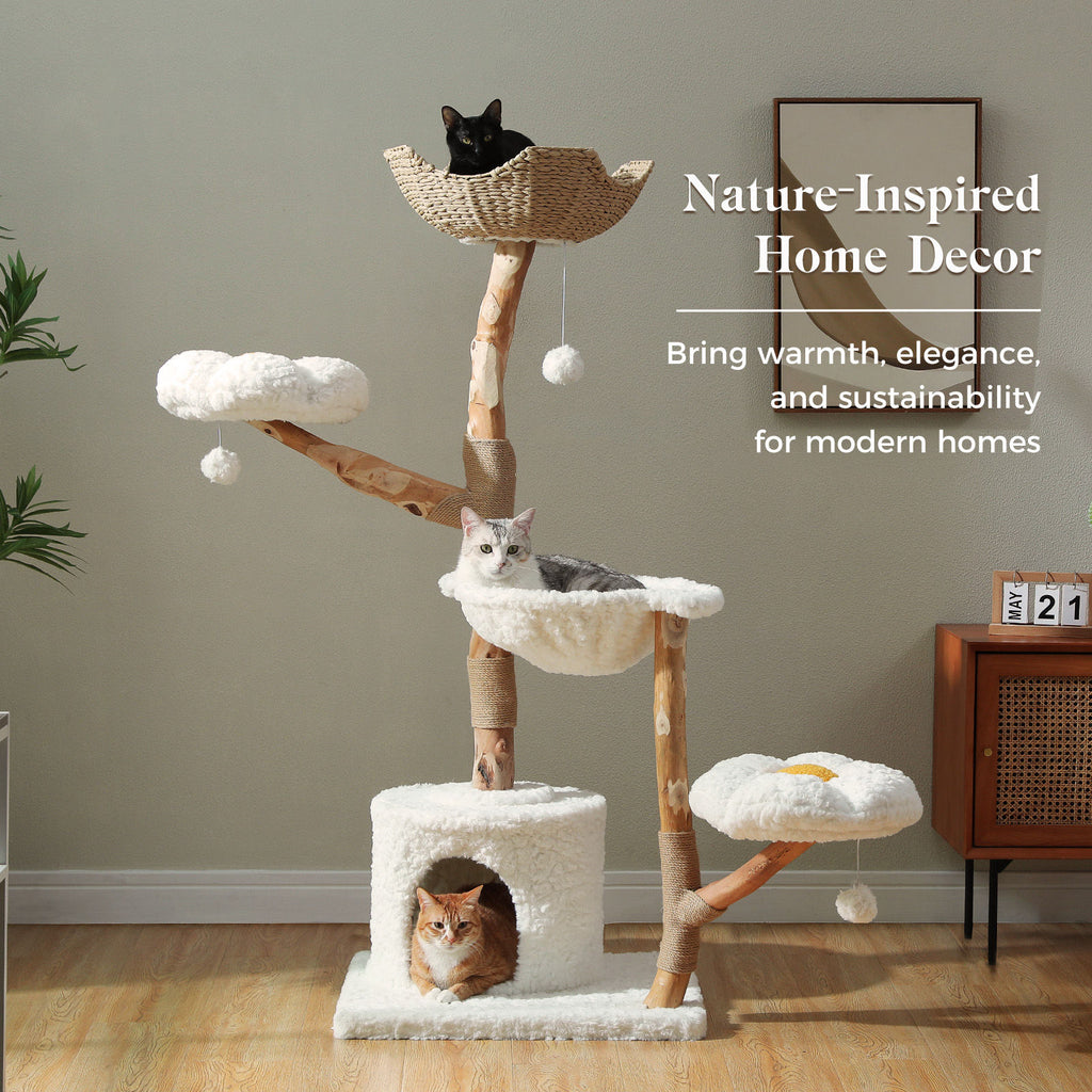 Natural Wood Cat Tree with Flower Perches – White — detail 3