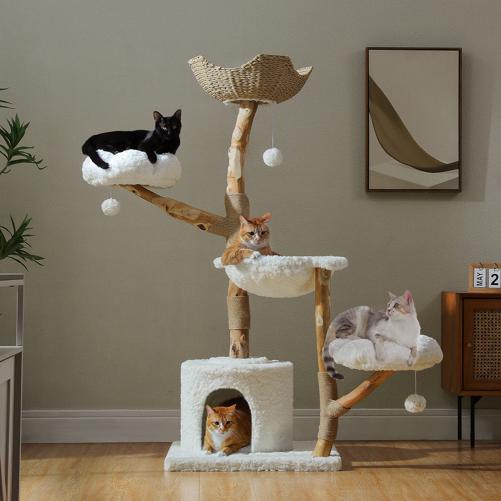 Natural Wood Cat Tree with Flower Perches – White — detail 7