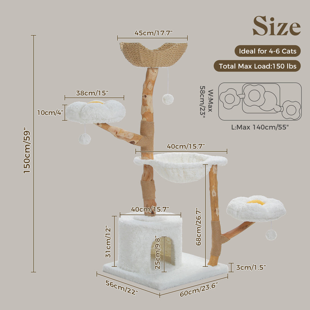 Natural Wood Cat Tree with Flower Perches – White — detail 8