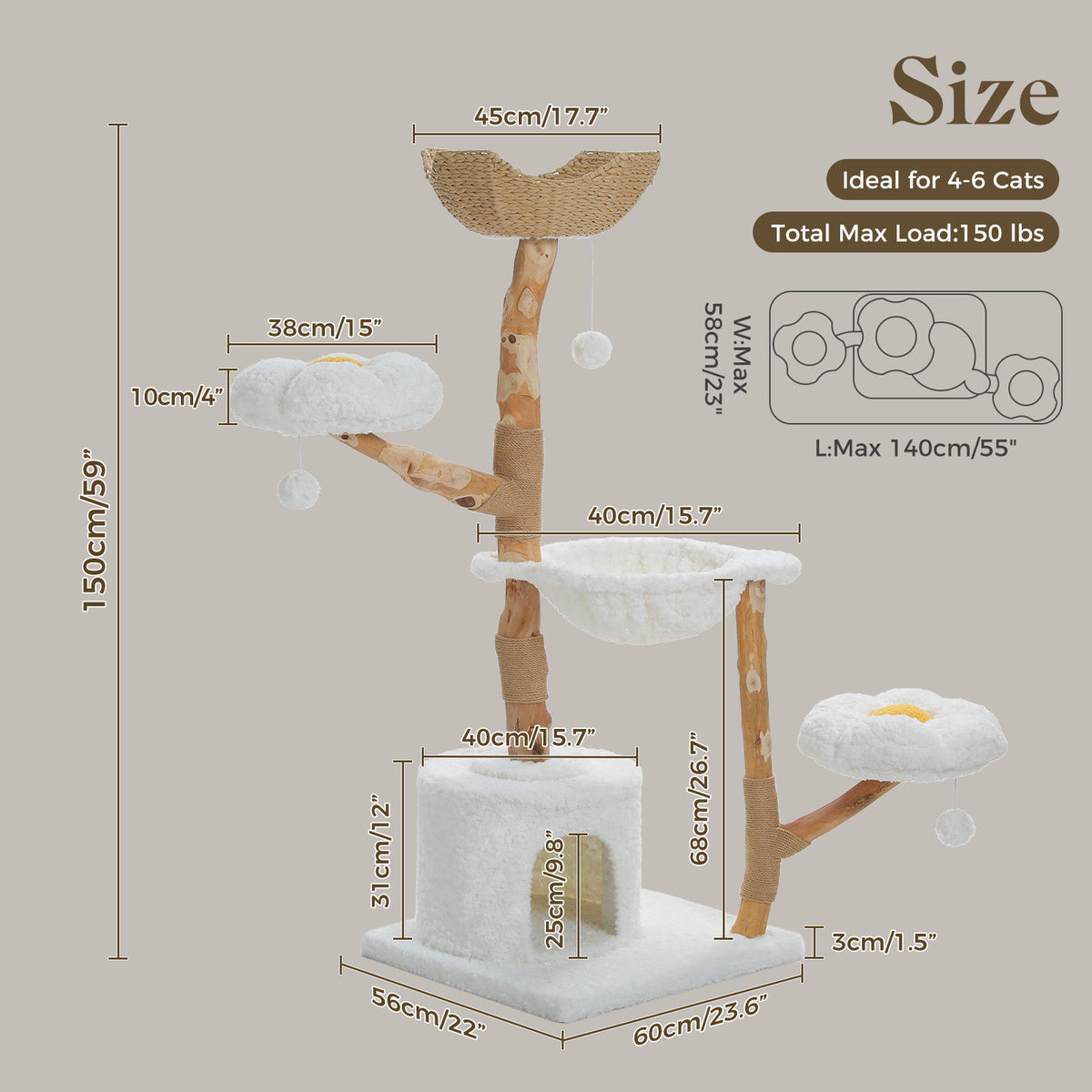 Natural Wood Cat Tree with Flower Perches – White — detail 8
