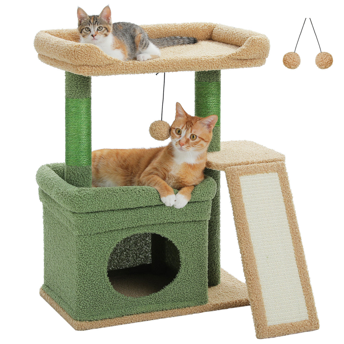 Compact Cat Tree with Wide Perch and Condo – Green — detail 2