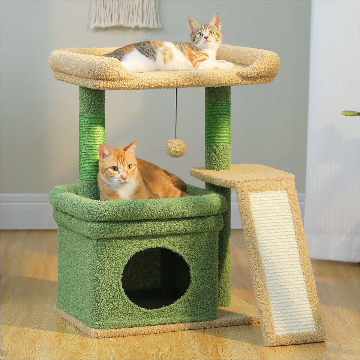 Compact Cat Tree with Wide Perch and Condo – Green — detail 3