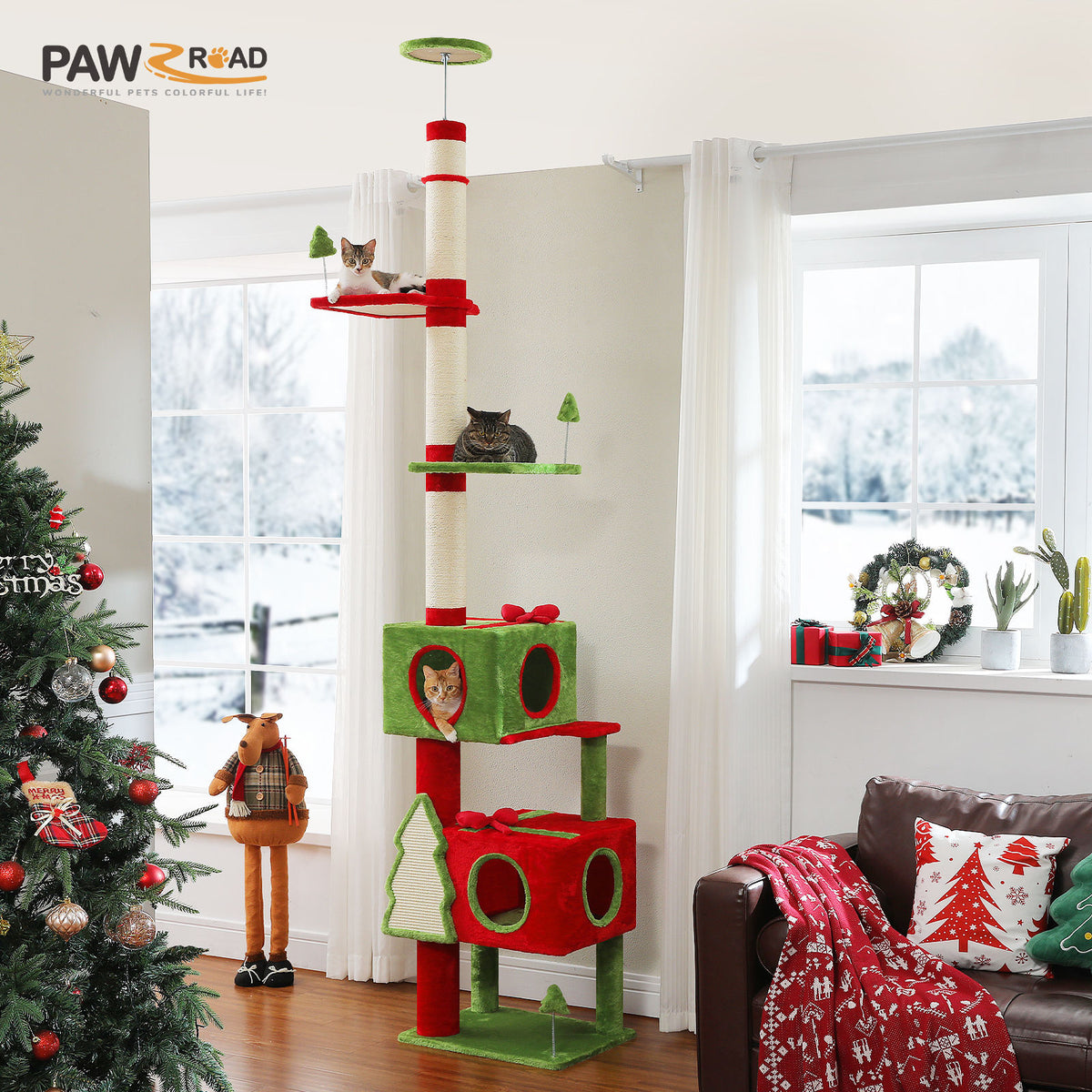 Christmas Floor-to-Ceiling Cat Tree with Gift-Box Condos – Red & Green — detail 3