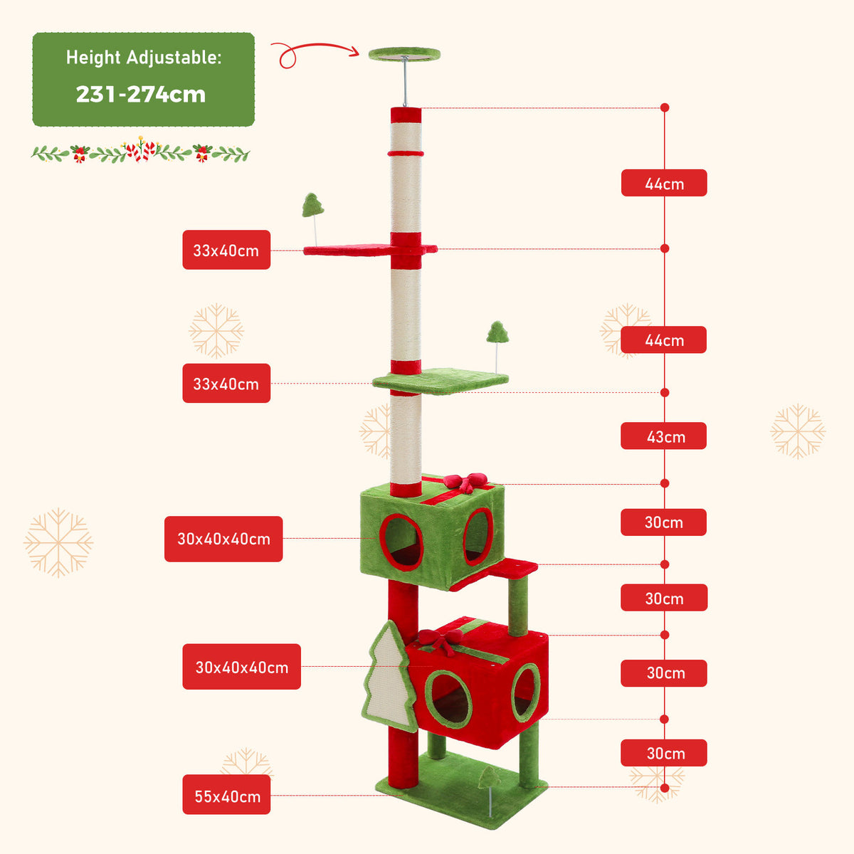 Christmas Floor-to-Ceiling Cat Tree with Gift-Box Condos – Red & Green — detail 4