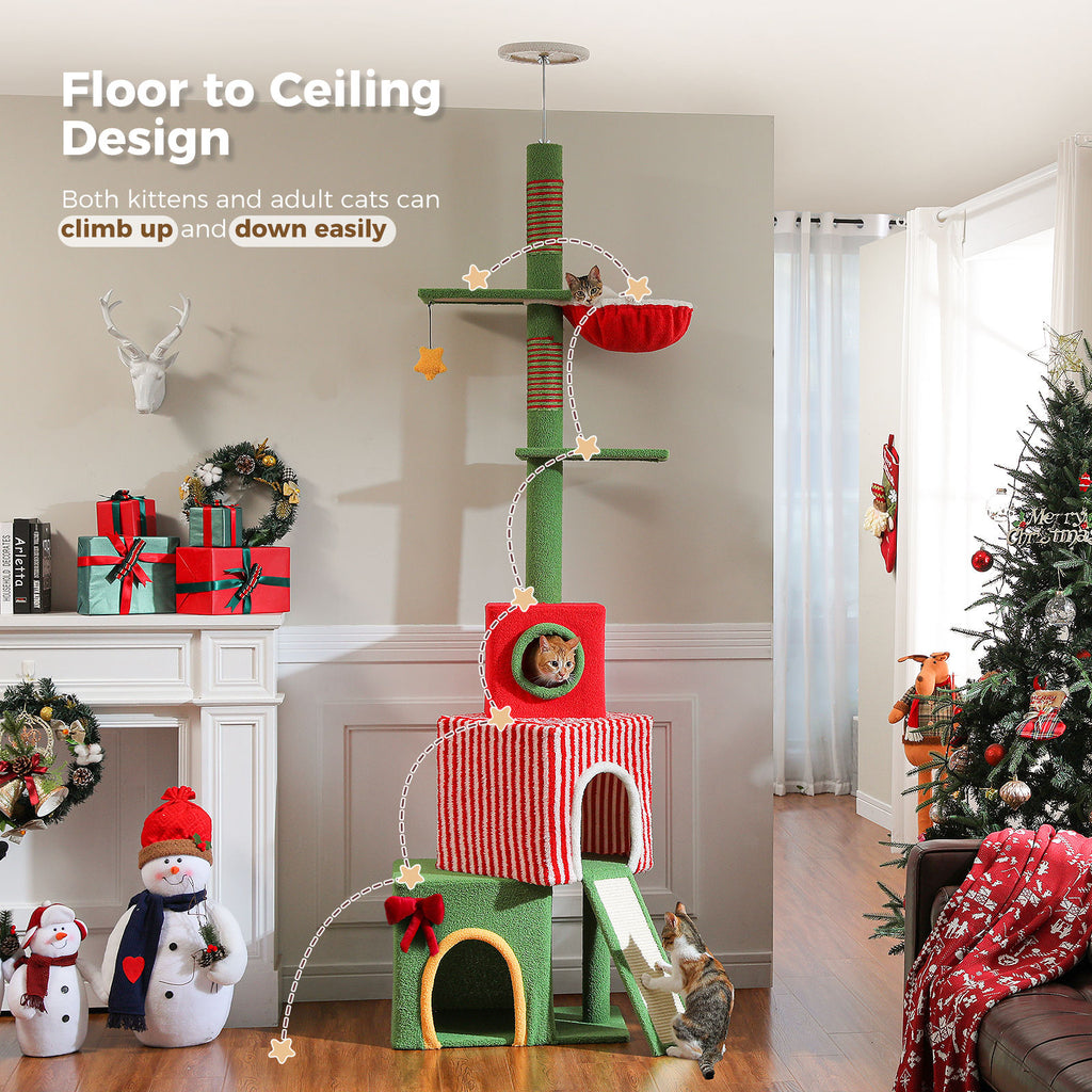 Christmas Floor-to-Ceiling Cat Tree with Three Condos – Red & Green — product view