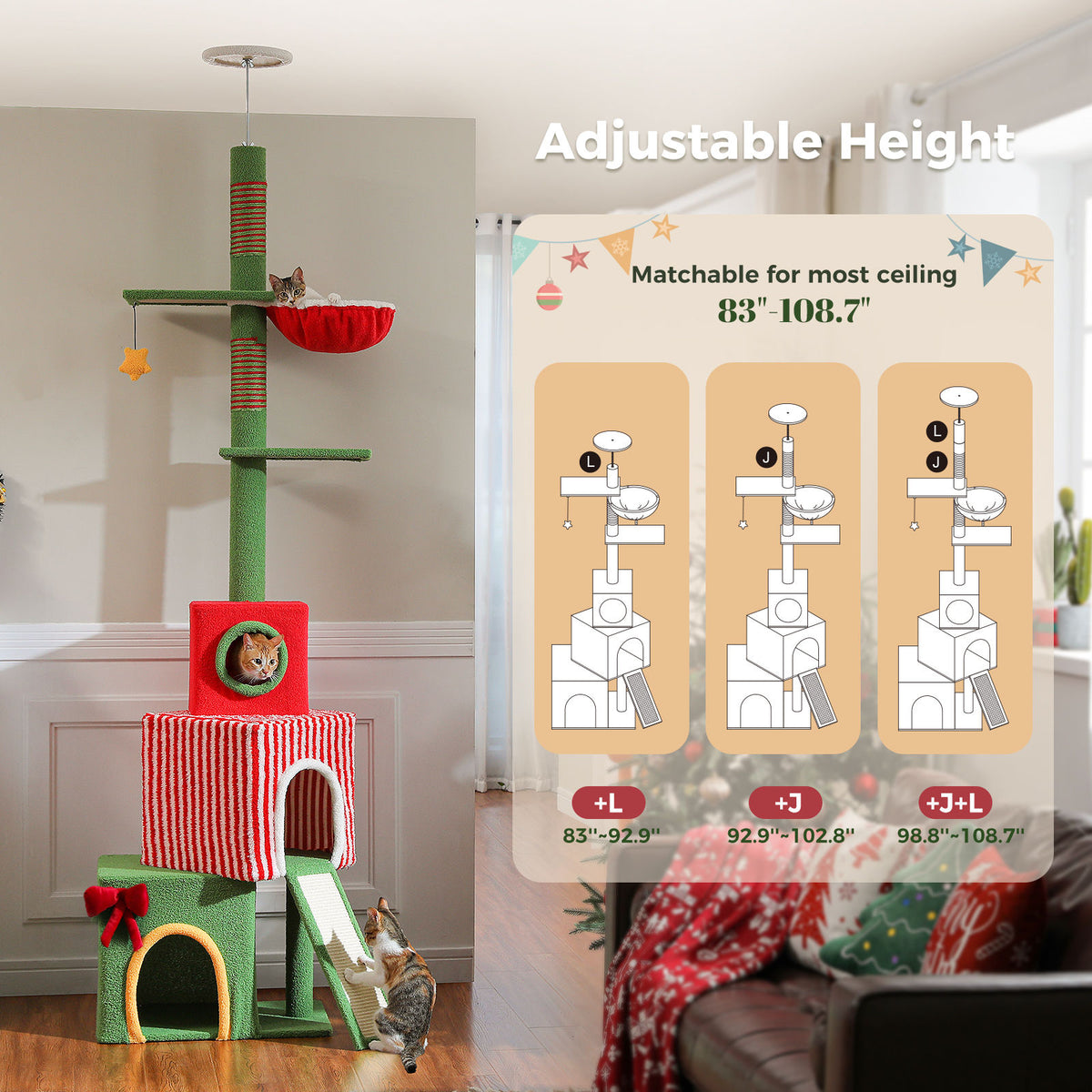 Christmas Floor-to-Ceiling Cat Tree with Three Condos – Red & Green — detail 2