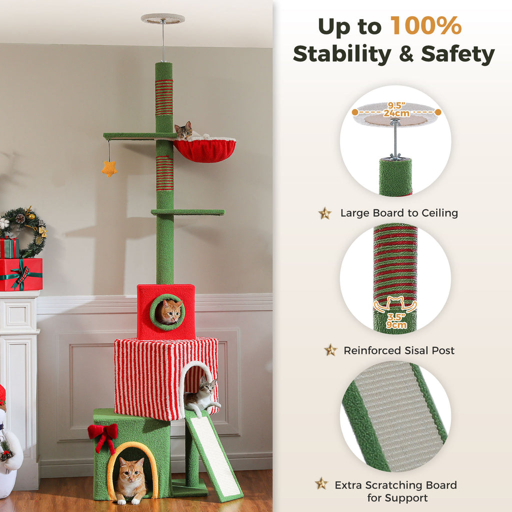 Christmas Floor-to-Ceiling Cat Tree with Three Condos – Red & Green — detail 3
