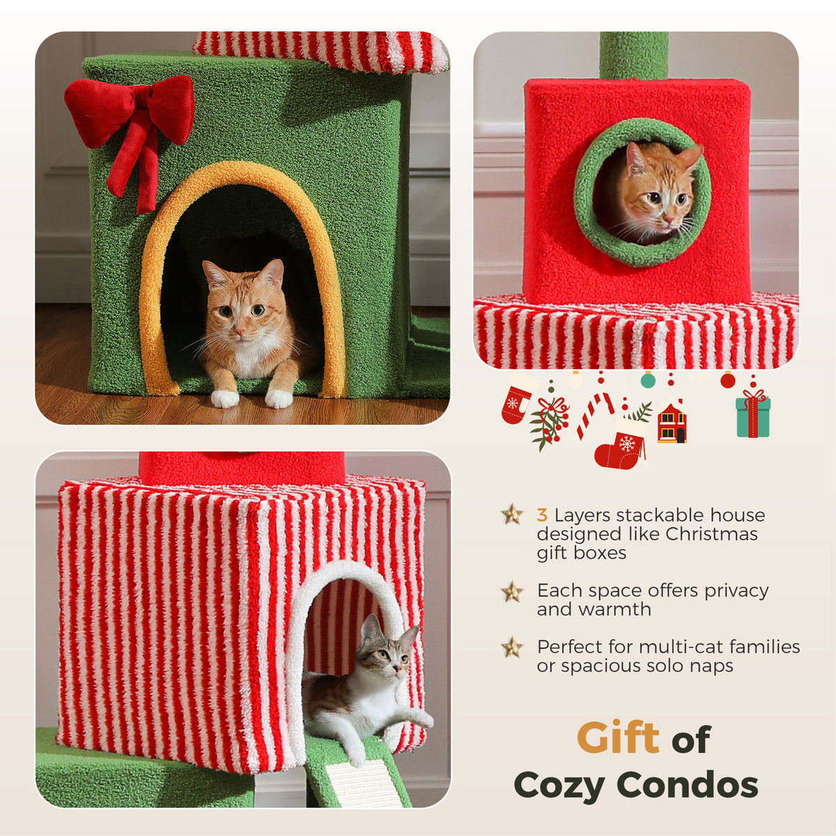Christmas Floor-to-Ceiling Cat Tree with Three Condos – Red & Green — detail 4