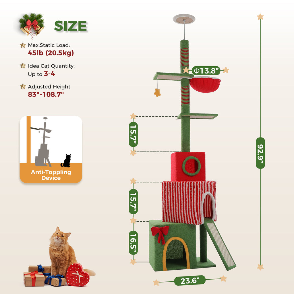 Christmas Floor-to-Ceiling Cat Tree with Three Condos – Red & Green — detail 5