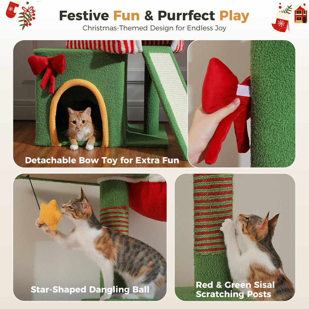 Christmas Floor-to-Ceiling Cat Tree with Three Condos – Red & Green — detail 6