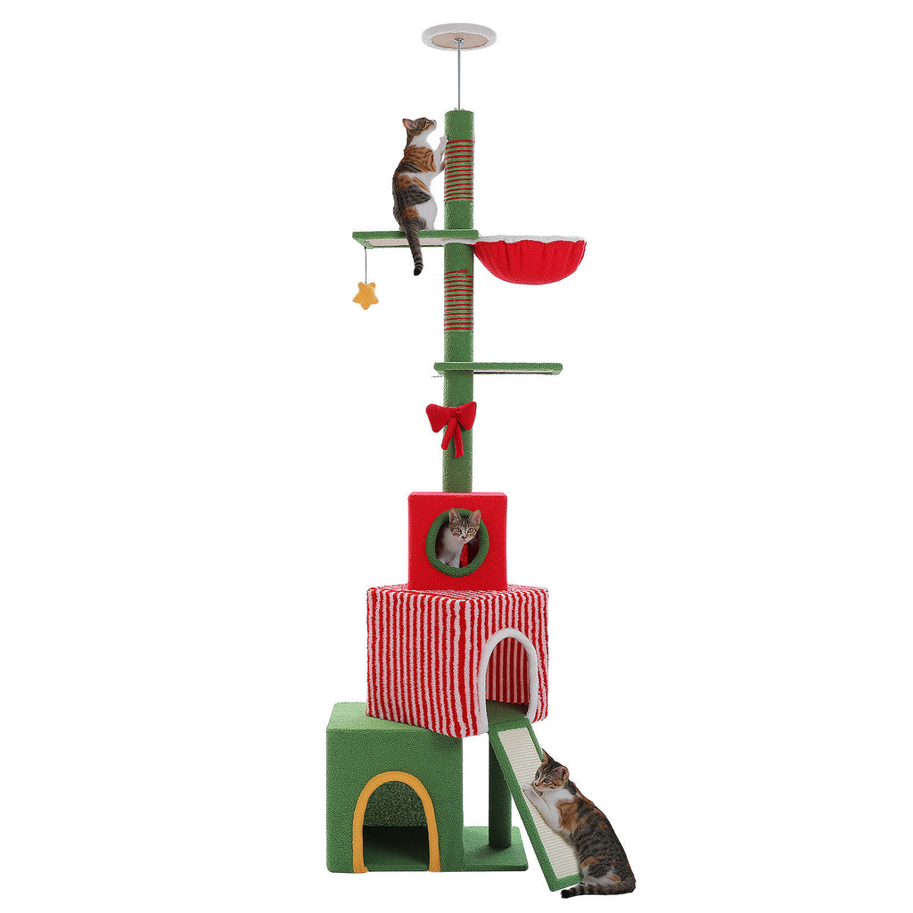 Christmas Floor-to-Ceiling Cat Tree with Three Condos – Red & Green — detail 7