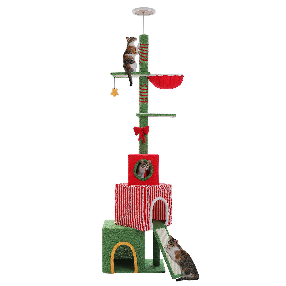 Christmas Floor-to-Ceiling Cat Tree with Three Condos – Red & Green — detail 7