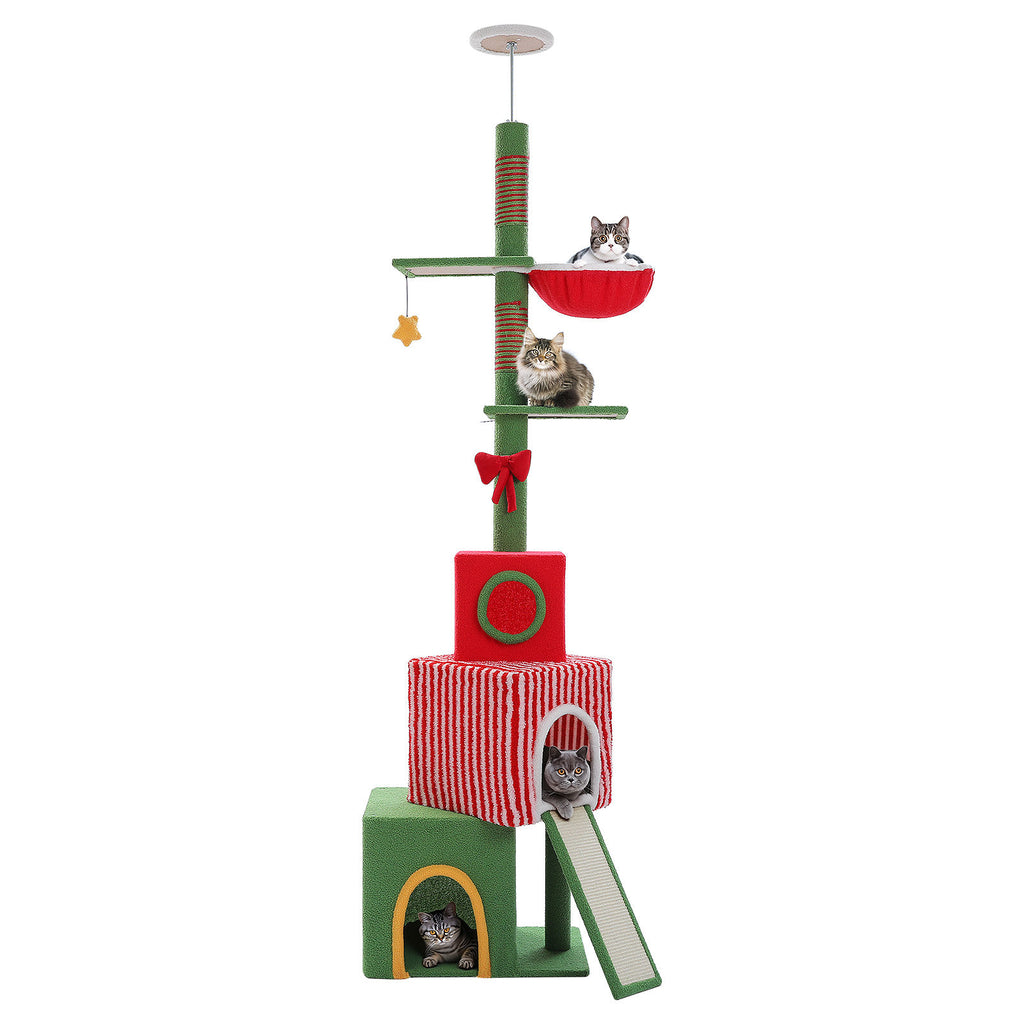Christmas Floor-to-Ceiling Cat Tree with Three Condos – Red & Green — detail 8