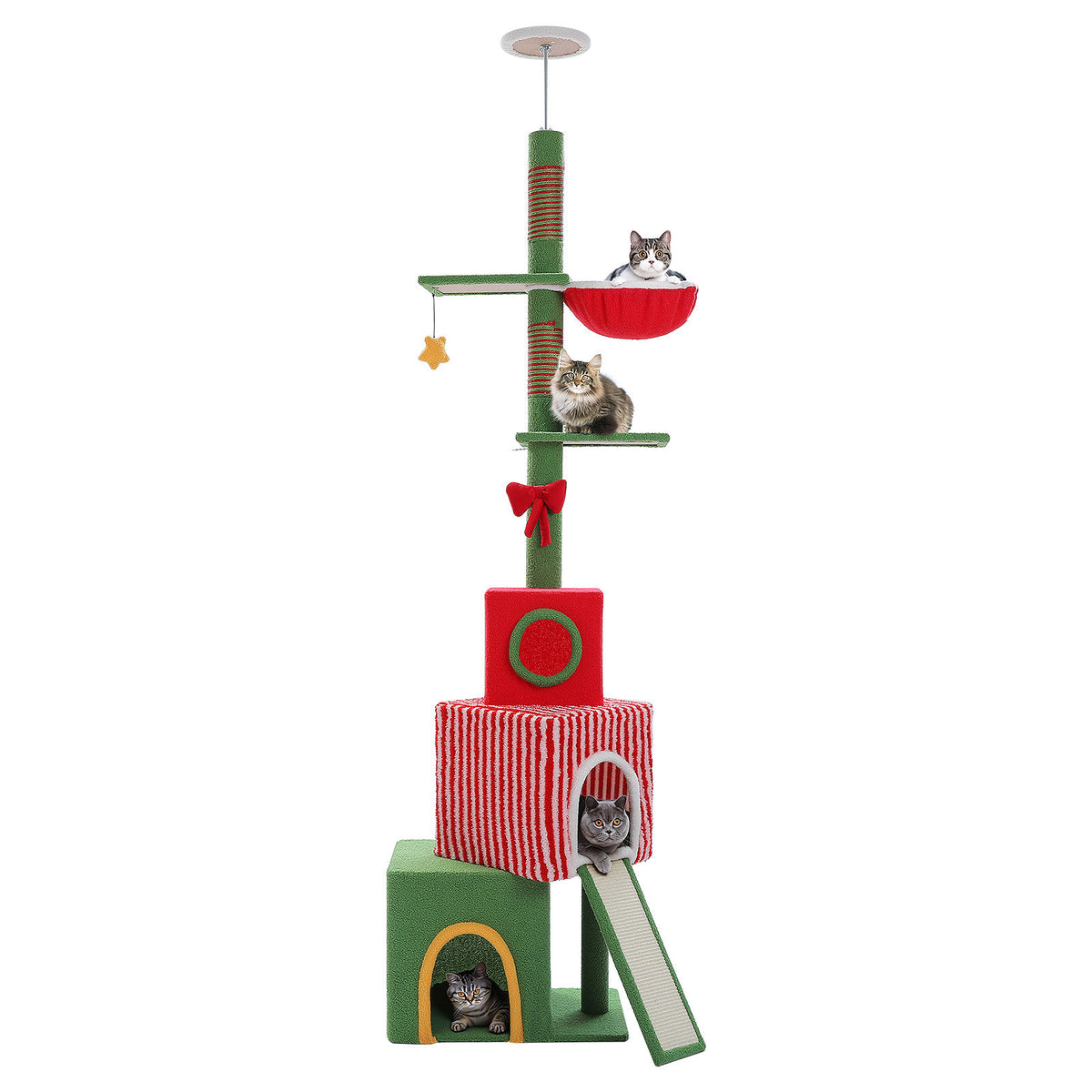 Christmas Floor-to-Ceiling Cat Tree with Three Condos – Red & Green — detail 8