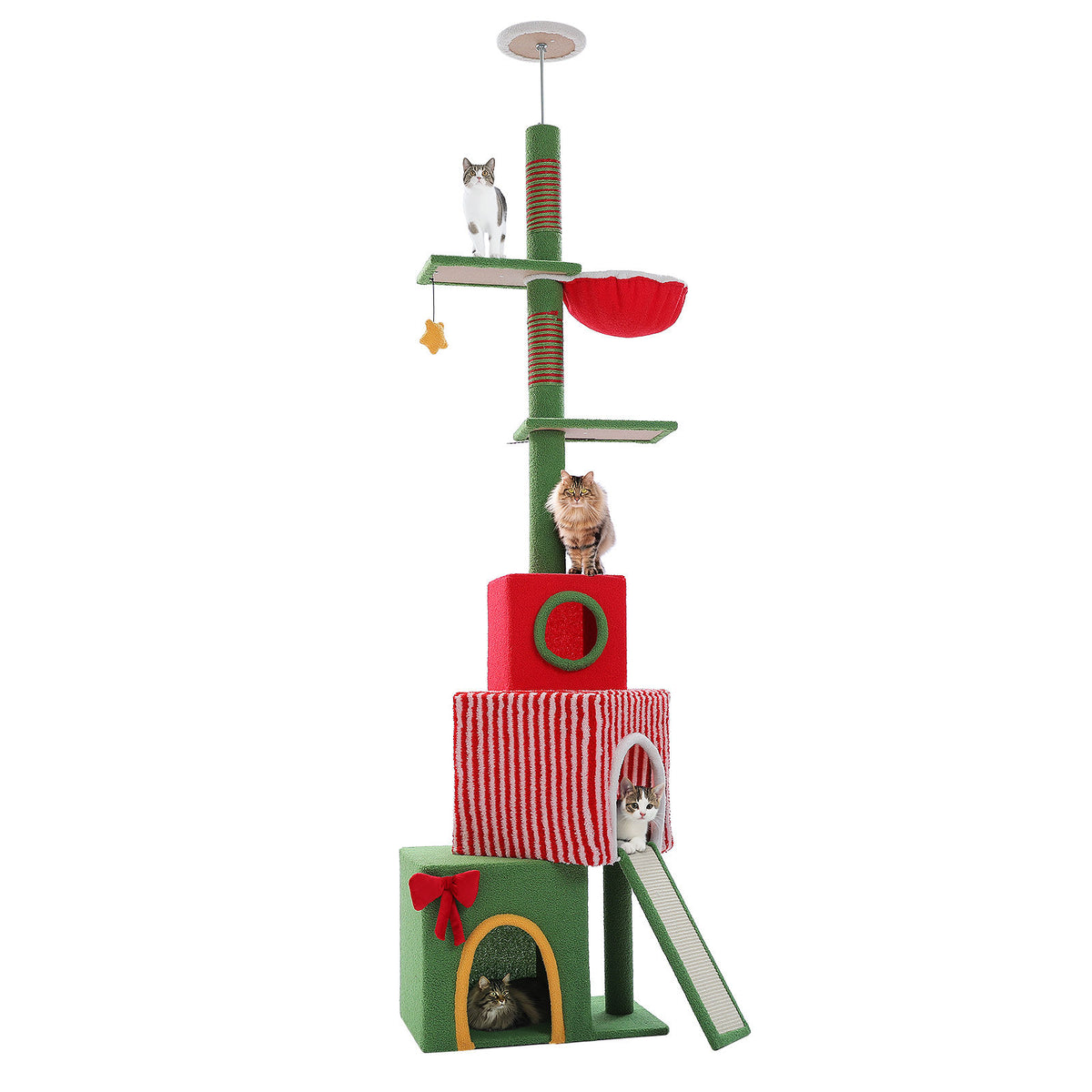 Christmas Floor-to-Ceiling Cat Tree with Three Condos – Red & Green — detail 9