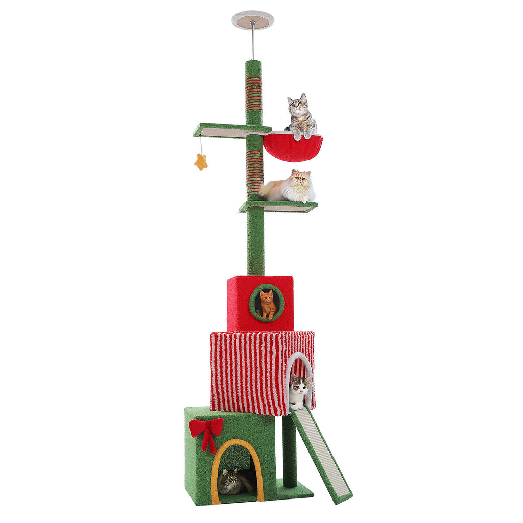 Christmas Floor-to-Ceiling Cat Tree with Three Condos – Red & Green — detail 10