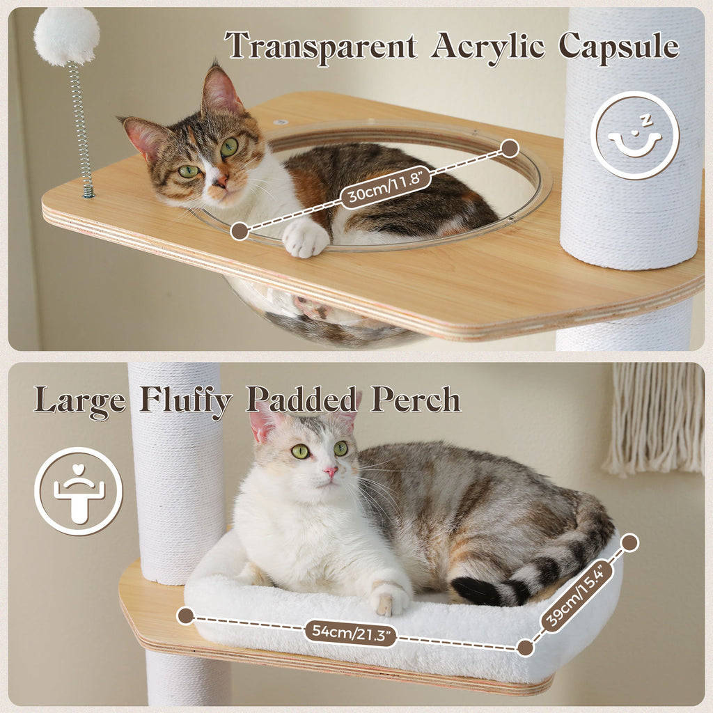 Wood Floor-to-Ceiling Cat Tree with Clear Capsule – White — product view