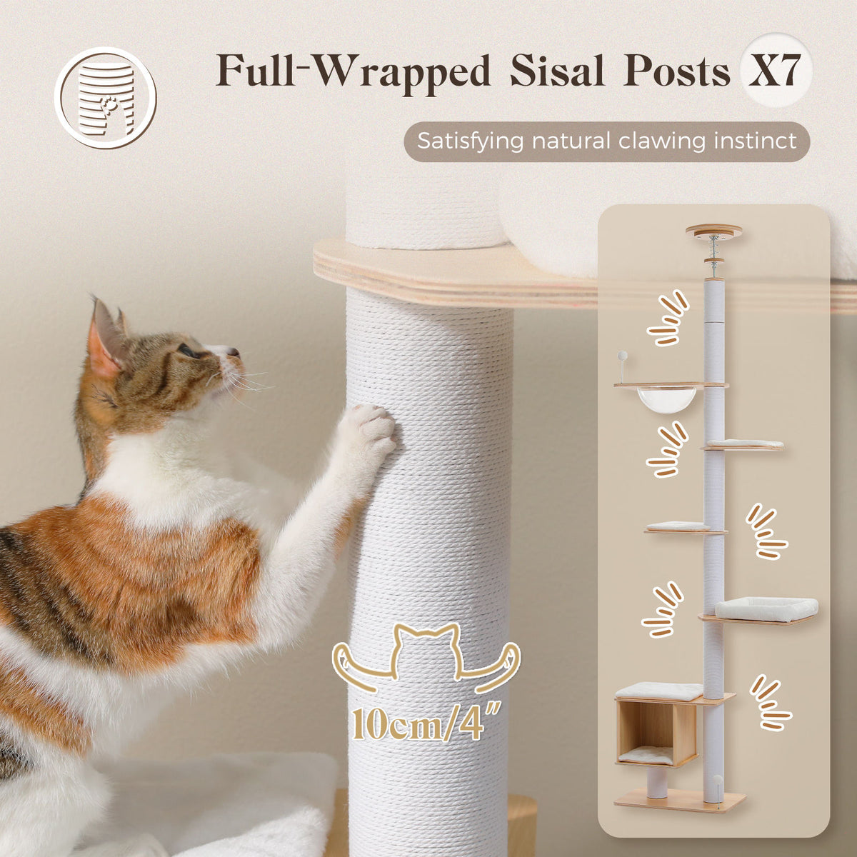Wood Floor-to-Ceiling Cat Tree with Clear Capsule – White — detail 2