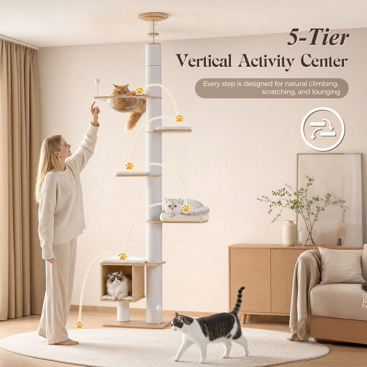 Wood Floor-to-Ceiling Cat Tree with Clear Capsule – White — detail 4